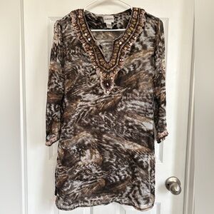 Chico's Beaded V-Neck Sheer Tunic - Brown